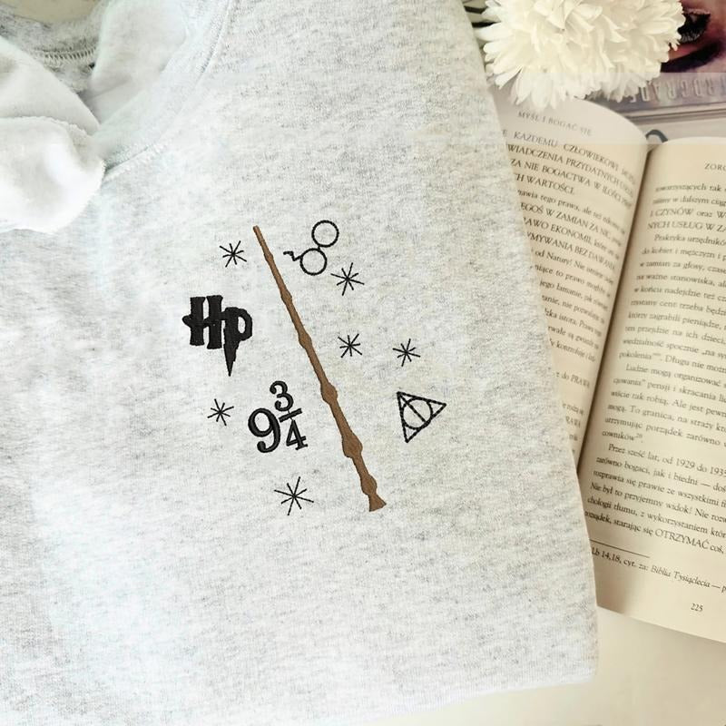 Embroidered Wizard Wand Sweatshirt, HP Inspired T-Shirt, Embroidered Potter Magic Wand Shirt, Gift For Potterhead, HP...