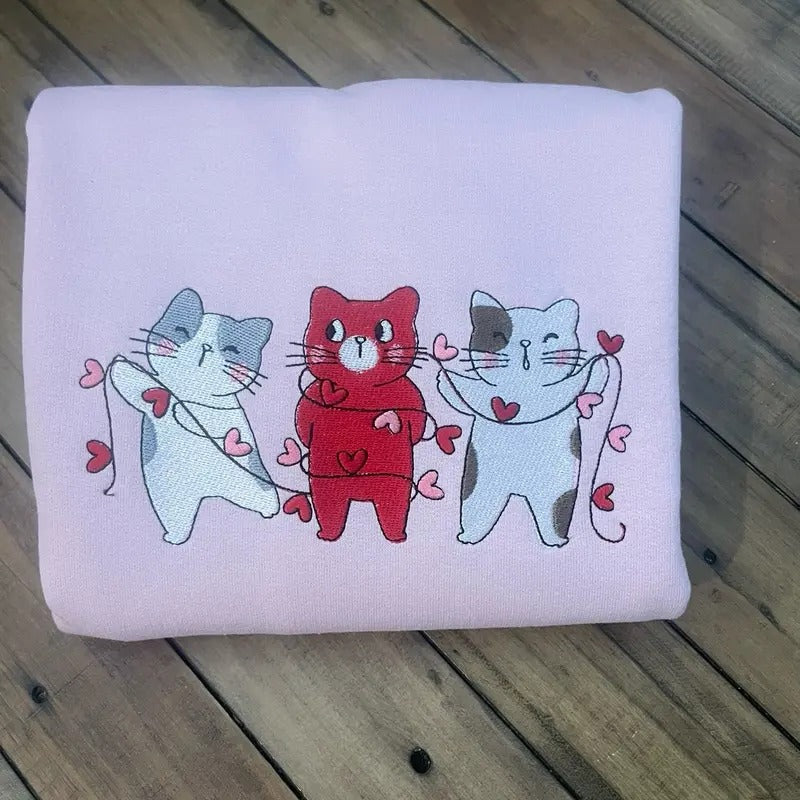 Embroidered valentines kitty sweatshirt or tshirt Hoodie | HypeCrazeTee.com