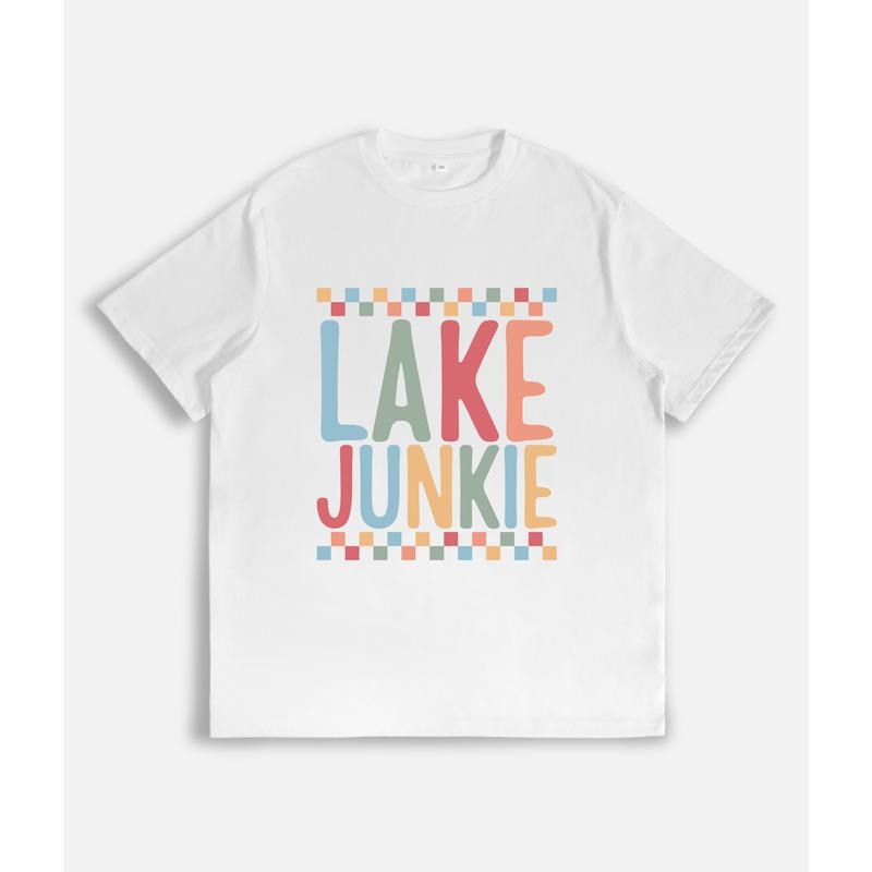Energetic and Laid - back T - Shirt: "LAKE JUNKIE" in Colorful, Block
