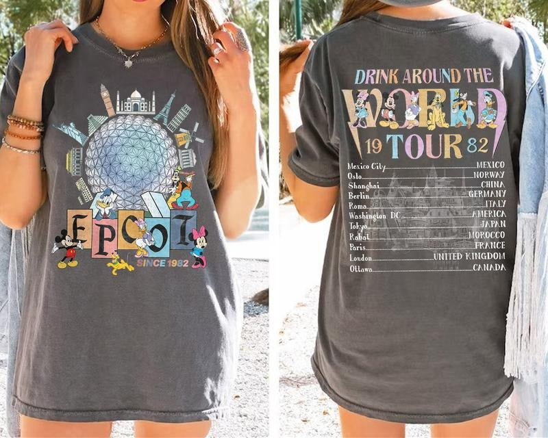 Epcot Drink Around The World Shirt Snack Around World World Tour Epcot Shirt M.ney And Friends Epcot Center 1982 Shirt -...