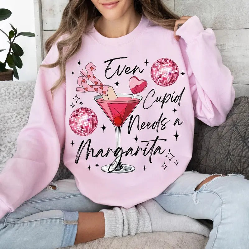 Even Cupid Needs a Margarita Sweatshirt, Retro Disco Ball Valentine's T-Shirt, Funny Trendy V-Day Crewneck, Popular...