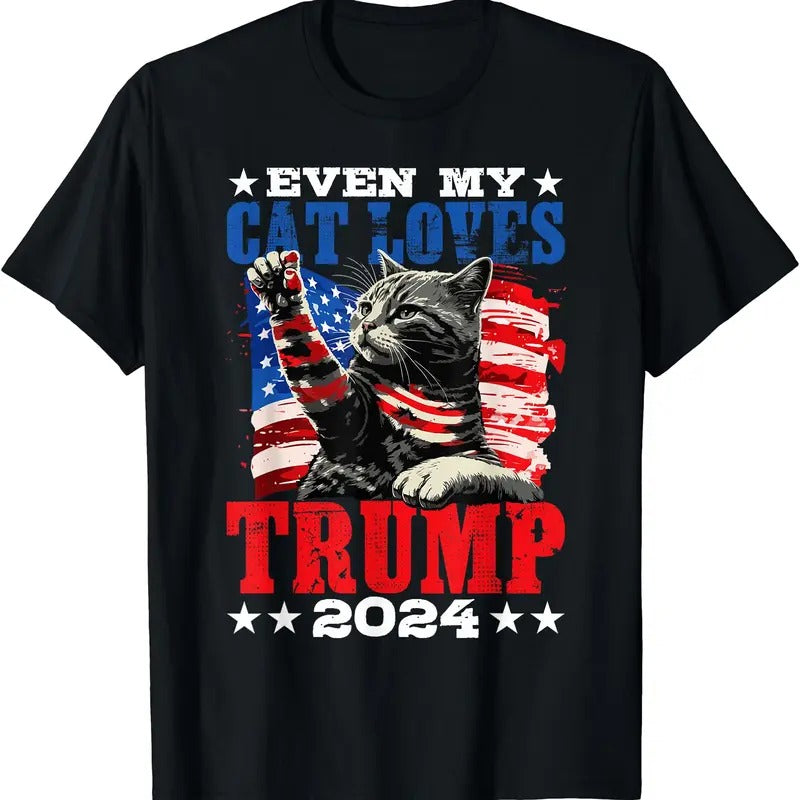 Even My Cat Loves Trump 2024 USA American Flag 4th Of July T-Shirt | Unisex Cotton Tee Gift | Full Size Hoodie, Sweatshirt