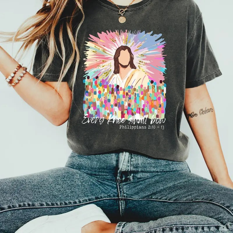 Every Knee Shall Bow Shirt, Christian Graphic Tee, Bible Verse Jesus Shirt, Faith Based Crewneck, Religious Gift for...
