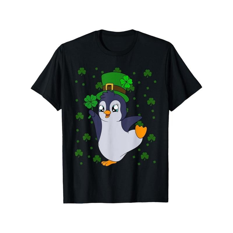[Everyday Comfort] Boys' Saint Patrick's Day Penguin T-Shirt - Cute Shamrock Print, Soft Cotton, Breathable Short Sleeve...