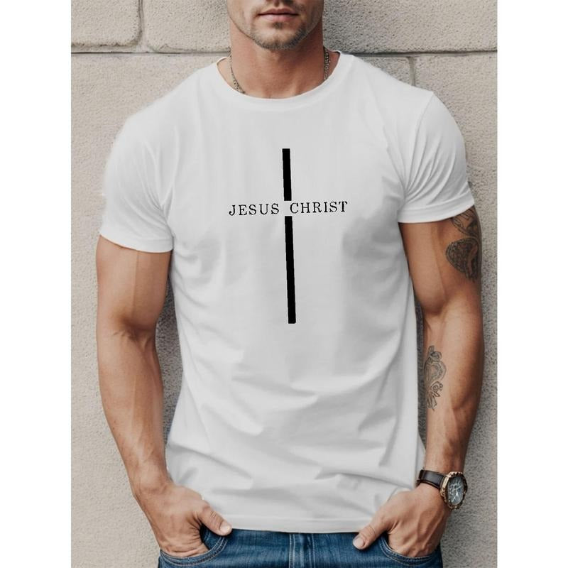 [Everyday Comfort] Jesus Christ Men's Graphic Tee - Casual Black Polyester T-Shirt with White Cross Design, Short Sleeve,...