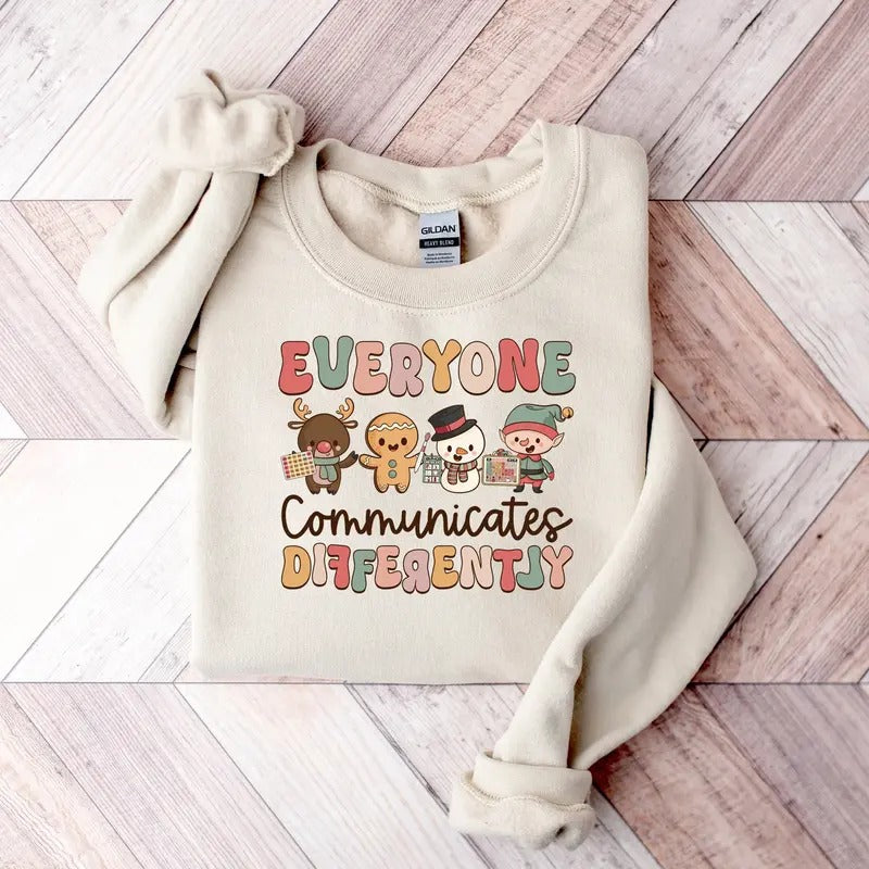 Everyone Communicate Differently Shirt, SLP Christmas T-shirt, Christmas Gifts For Speech Therapist, Autism Awareness...