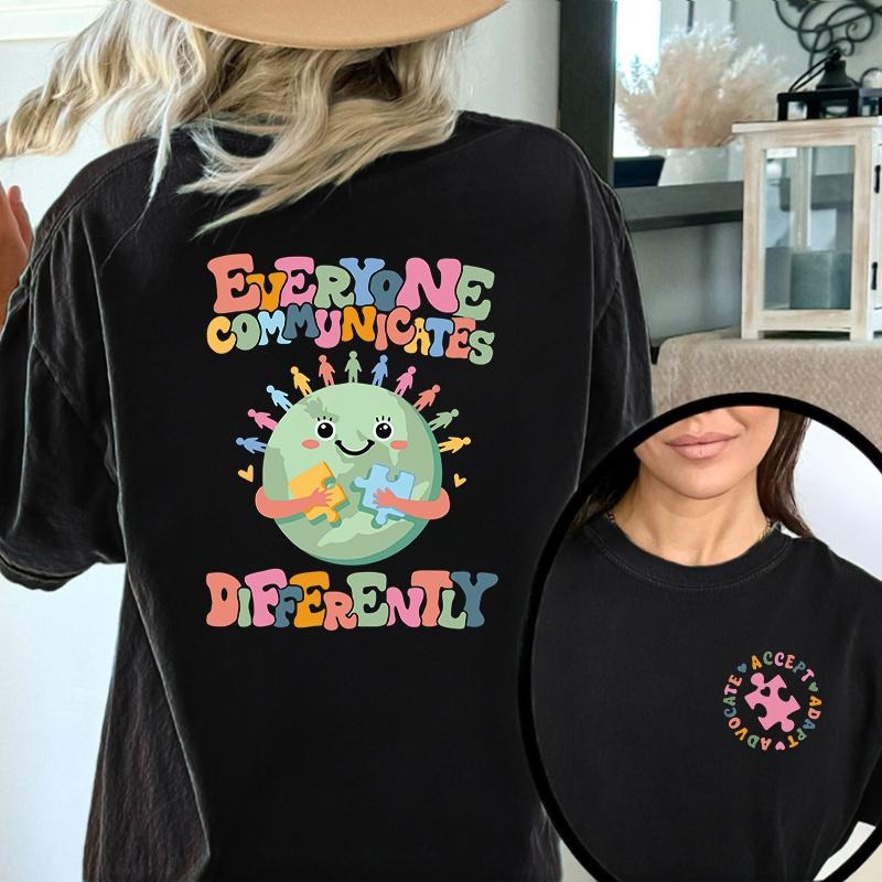 Everyone Communicates Differently Tops, Comfort Autism Short Sleeve T Shirt, Comfort Autism Tee, Autism Awareness Shirt,...