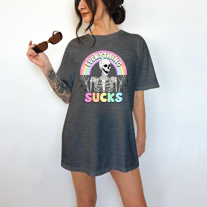 Everything Sucks - T-Shirt, Happy Skeleton, Bright Graphic, Funny Apparel Hoodie, Sweatshirt | HypeCrazeTee.com