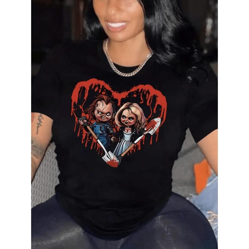 Evil Dolls Print Crew Neck T-Shirt - Fashionable Womens Graphic Print T-Shirt - Casual Short Sleeve Crew Neck Top