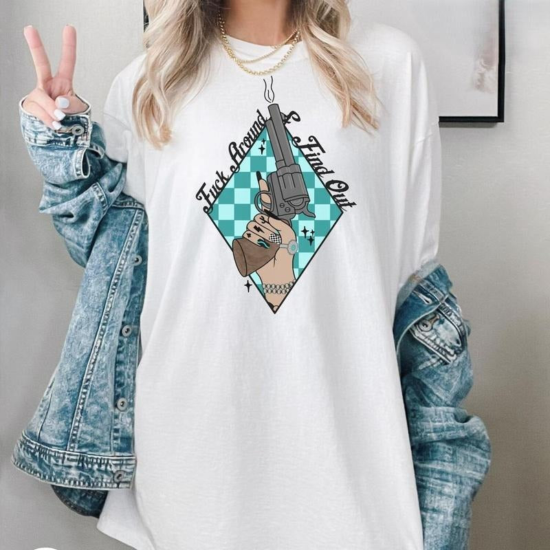 F*ck Around And Find Out Checkered Western Turquoise T-shirt Western Graphic Tee Women T-shirt Hoodie, Sweatshirt