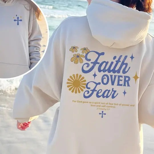 Faith Over Fear Hoodie, Christian Hoodie Bible Verse, Aesthetic Sweatshirts, Jesus Hoodie, Church hoodie, Trendy Hoodie...