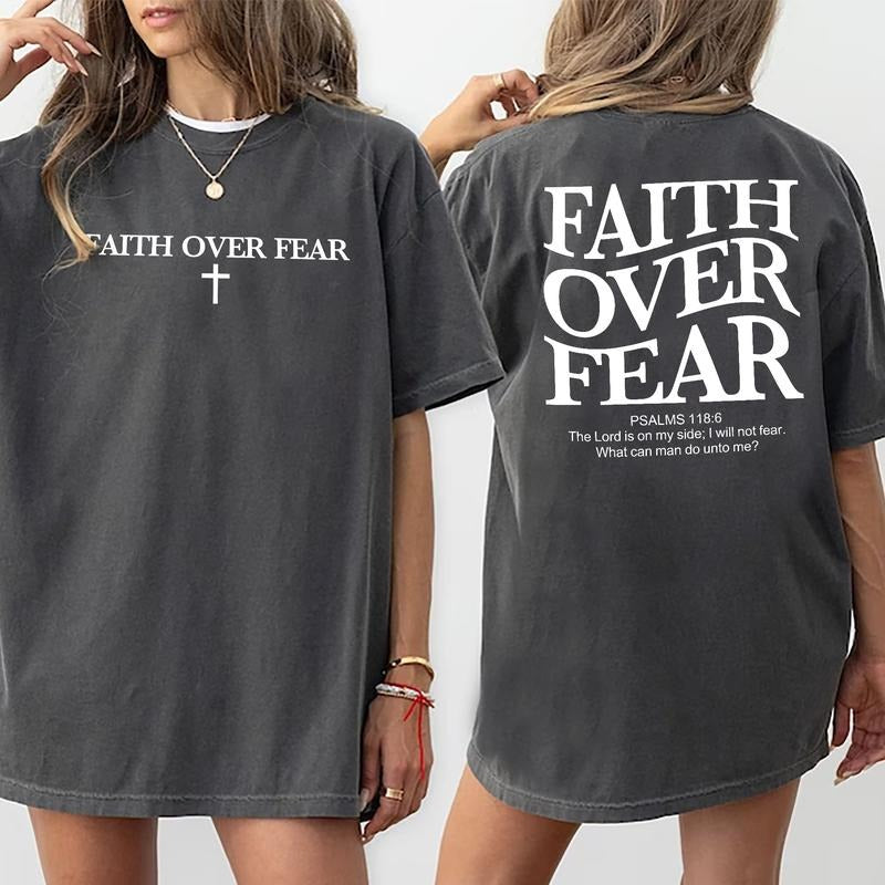 Faith Over Fear Shirt, Christian Double Sided Graphic Printed Tee, Jesus T-shirt, Religious Tee Women, Bible Verse Shirt...