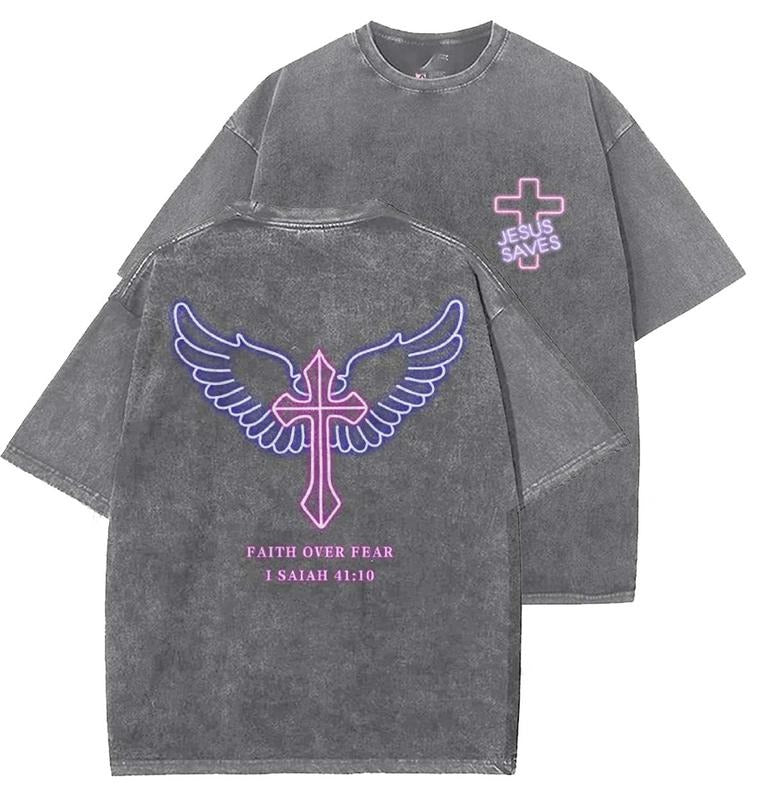 Faith Over Fear Unisex Washed T-Shirt, Christian Tshirts, Vintage 90s Graphic Tee, Gift Top Womenswear Cotton Mineral...