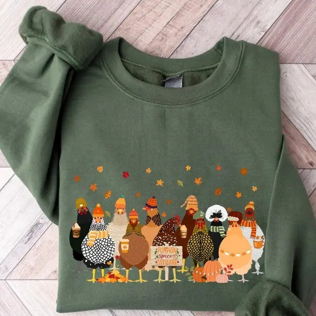 Fall Chicken Sweatshirt, Halloween Chicken Sweatshirt, Women Chicken Sweatshirt, Pumpkin Chickens, Animal Sweatshirt,Fall...