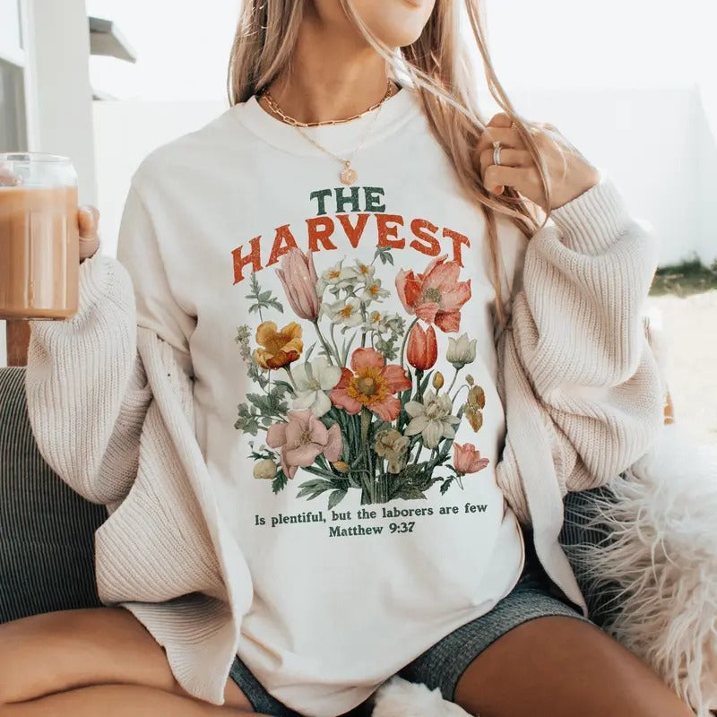 Fall Christian Harvest Is Plenty & Workers Are Few Grateful Christian Retro Scripture Floral Womenswear T-Shirts, Hoodie, Sweatshirt