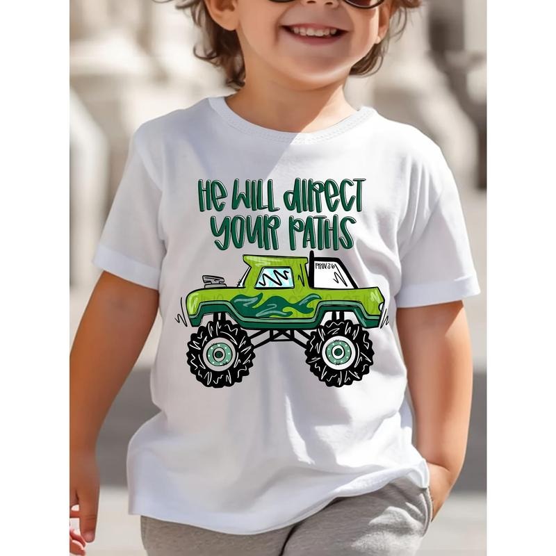 Kids' Inspirational Off-Road Truck Print T-Shirt, Polyester Crew Neck Short Sleeve Tee, Casual Regular Fit Top for Boys,...