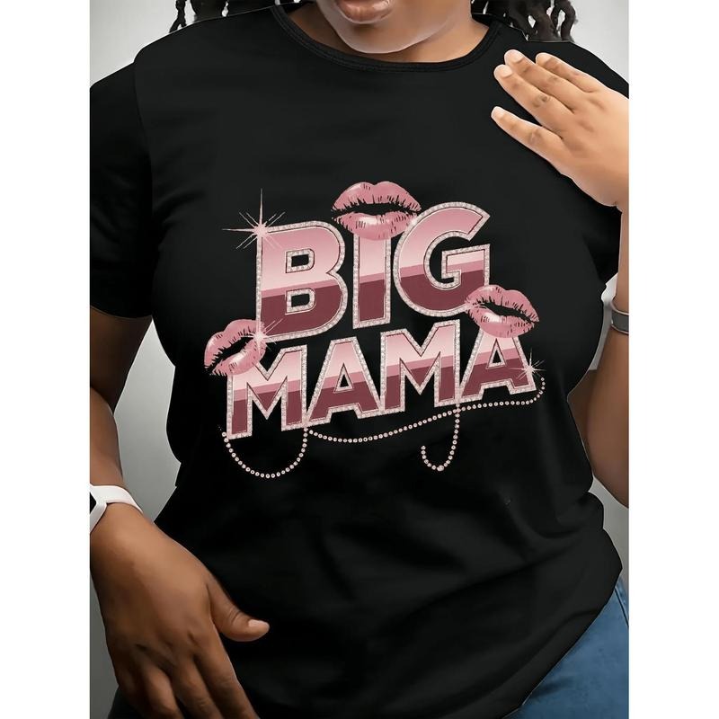 Plus Size - Women'S "Big Mama" Graphic T-Shirt - Black, Short-Sleeve, Round Neck, Casual, Micro-Elastic Fabric,...