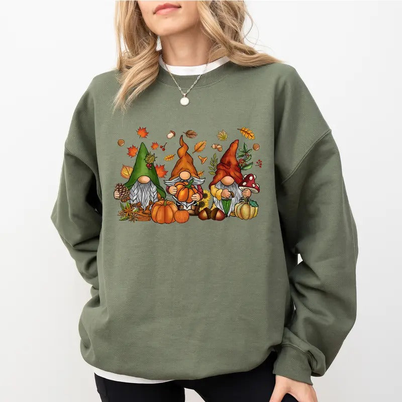 Fall Gnomes Sweatshirt, Vintage Gnomes Sweater, Autumn Apparel for Girls, Fall Gnome Crewneck for Women, Thanksgiving...
