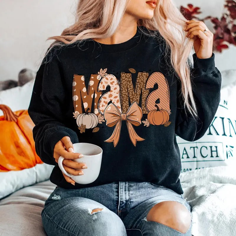 Fall Mama Coquette Pumpkin Sweatshirt, Boho Retro Fall Vibes Sweater, Holiday Season Crewneck Cozy Shirt, Mom Mama Fall...
