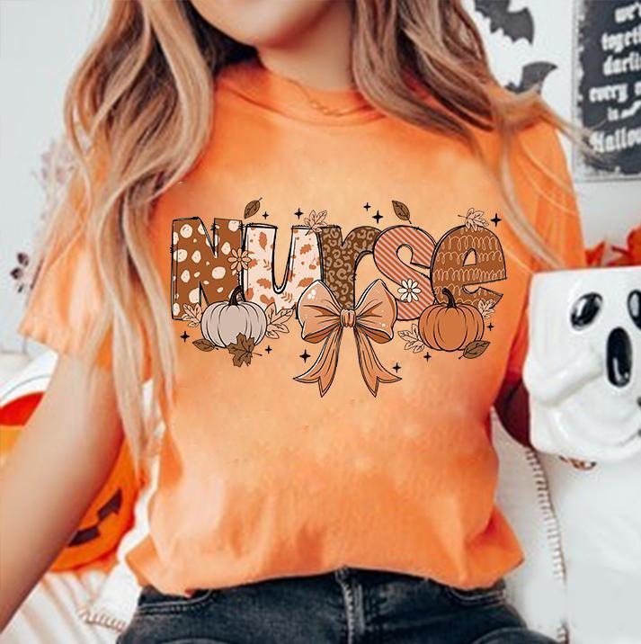 Fall Nurse Coquette, Nursing, Nurse Pumpkins, Retro Nurse Coquette Bow Shirt Unisex Cotton Shirt
