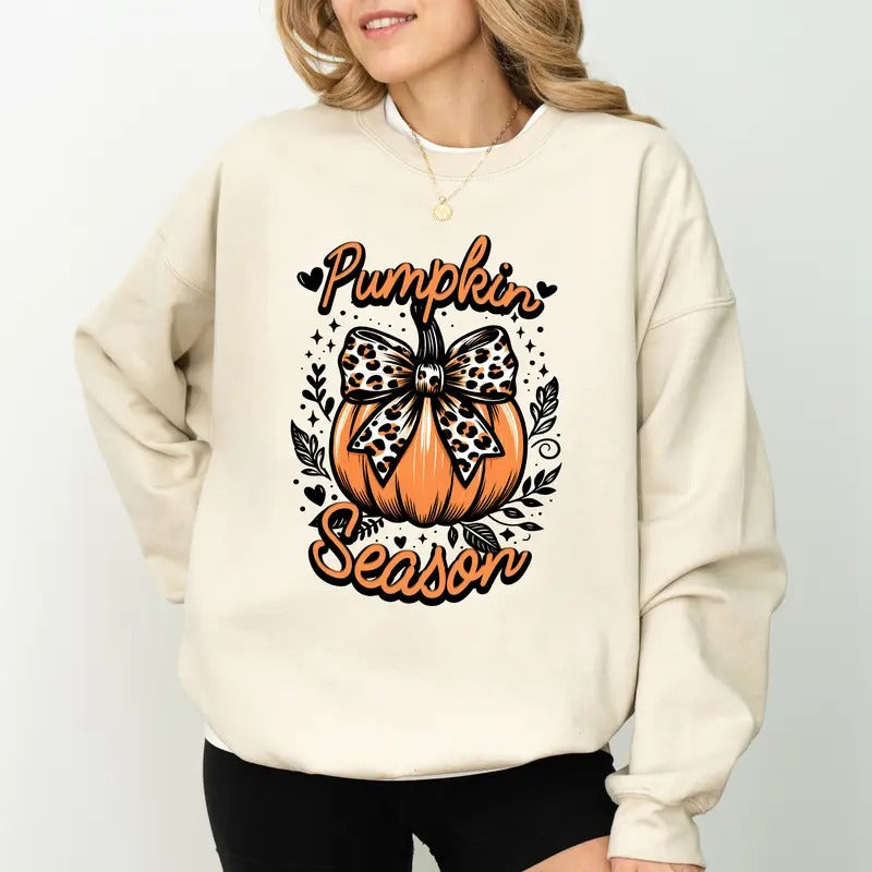 Fall Pumpkin Season Sweatshirt, Coquette Bow Pumpkin Graphic Sweater, Leopard Bow Pumpkin Crewneck, Spooky Season Tops...