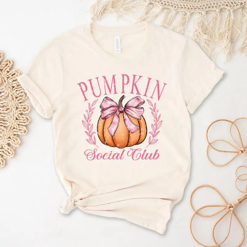 Fall Pumpkin Spice Social Club Shirt, Retro Fall Vibes Tee, Halloween Shirt, Fall Season Shirt, Fall Pumpkin Coquette Bow...