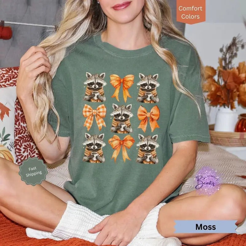 Fall Raccoon Shirt, Feral Girl Autumn Shirt, Fall Colored Bows Shirt, Cottagecore Coquette Shirt, Raccoon Holiday Shirt,...