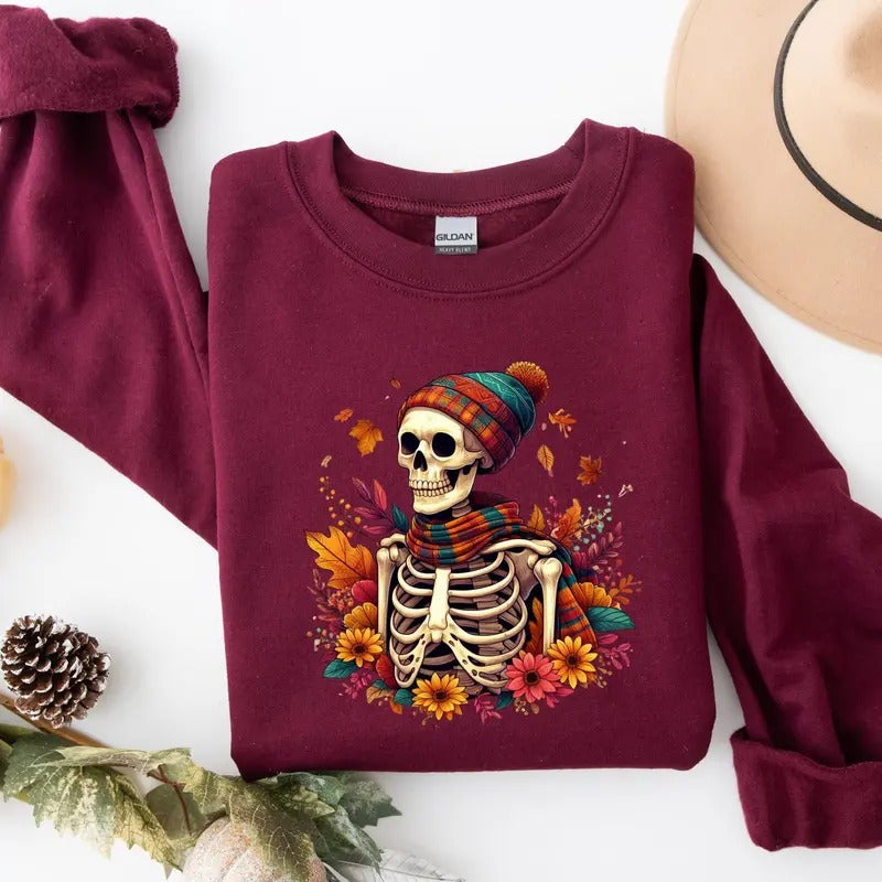 Fall Skeleton Shirt, Halloween Shirt, Skull Halloween Womens Halloween Shirt Fall Graphic Tee, Skeleton Tee, Spooky...
