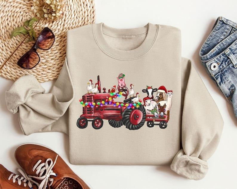 Farm Animals Christmas Sweatshirt, Christmas Farm Animals Truck Shirt, Christmas Animals Sweater, Country Christmas...