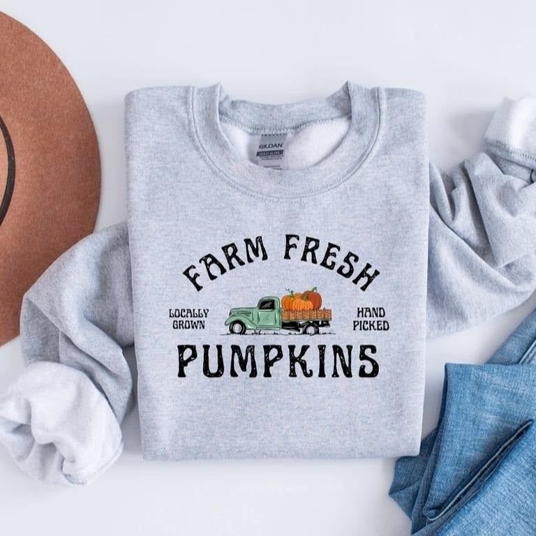 Farm Fresh Pumpkins Crewneck Sweatshirt, Pumpkin Truck Shirt, Farm Fresh Sweater, Fall Lovers Pullover Hoodie