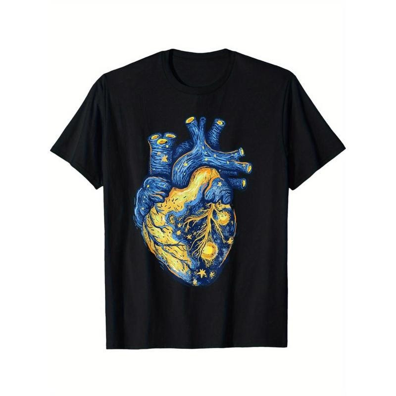 Fashion T shirt Van Gogh Shirt Starry Night Heart Painting Anatomical Heart T-Shirt Selected pure cotton interesting...