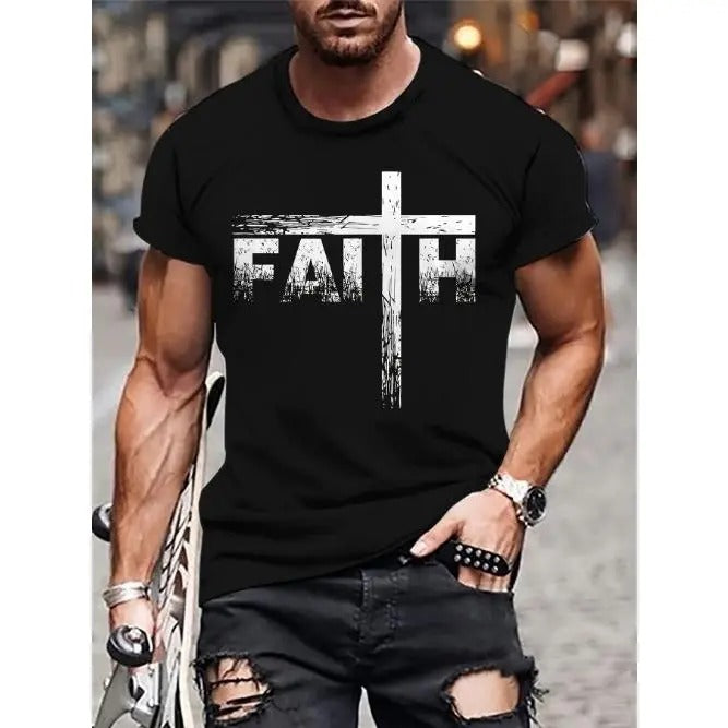 [Fast Arrival] Stylish Faith Graphic Men's T-Shirt - Casual Short Sleeve Crew Neck Tee for Outdoor Activities