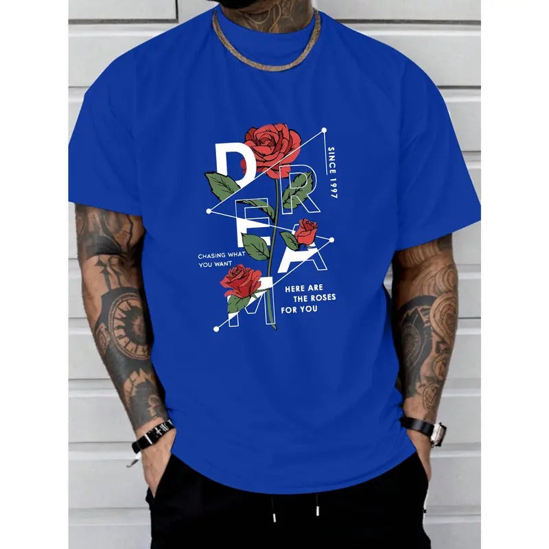[Fast Arrival] Vibrant Rose Print Relaxed Fit Tee Shirt - T-Shirts for Men