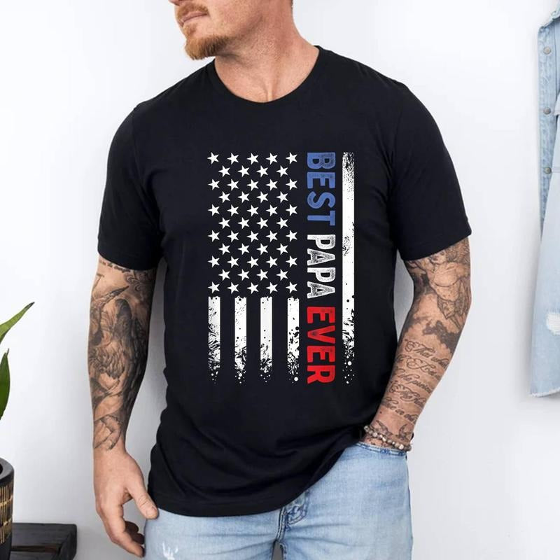 Father's Day Best Papa Ever with US American Flag T-Shirt | 100% Cotton Tee, Top Menswear Hoodie, Sweatshirt
