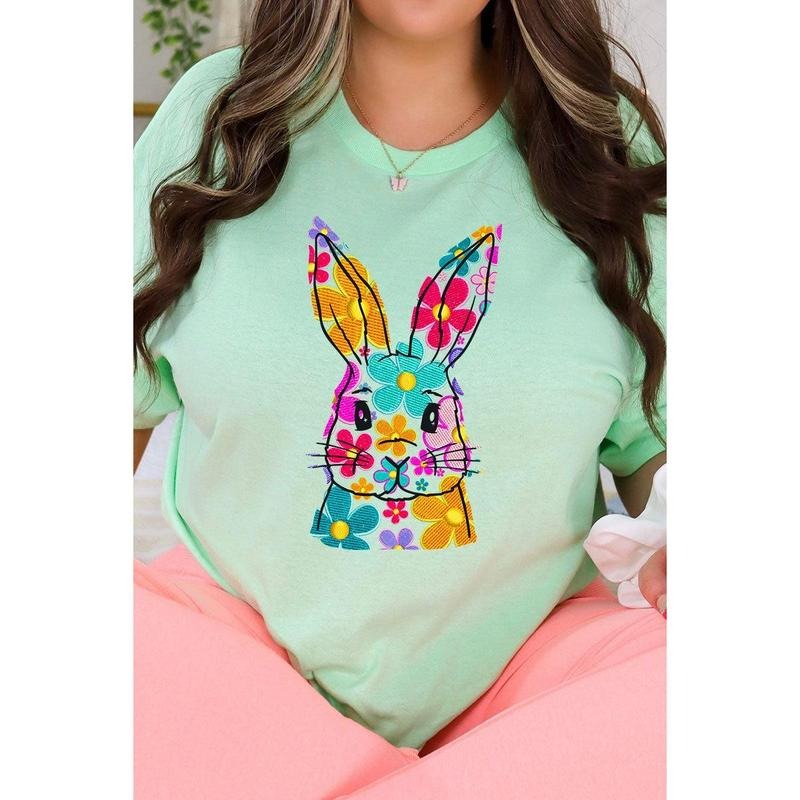 Faux Embroidery Colorful Bunny Transfer Short Sleeve Relaxed Fit T-Shirt Hoodie, Sweatshirt | HypeCrazeTee.com