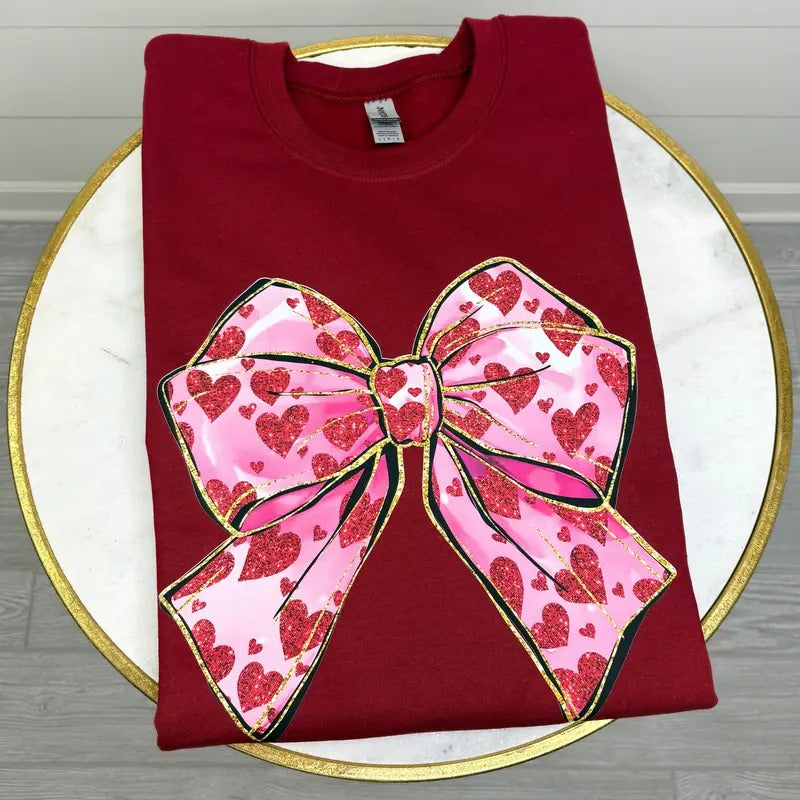 Faux Glitter Heart Bow Sweatshirt T-Shirts, Hoodie | HypeCrazeTee.com