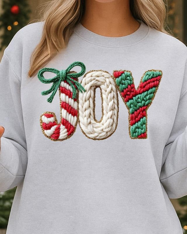 Faux JOY with a Bow Sweatshirt, Trendy Christmas Graphic Crewneck T-Shirts, Hoodie | HypeCrazeTee.com
