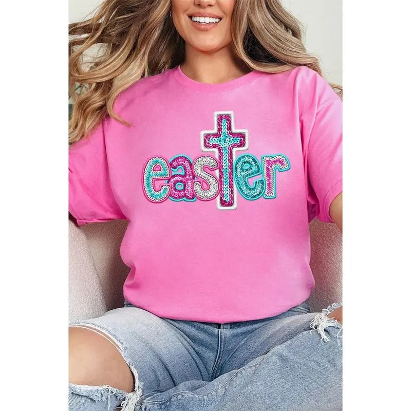 Faux Sequin Easter Cross Transfer Short Sleeve Relaxed Fit T-Shirt Hoodie, Sweatshirt | HypeCrazeTee.com