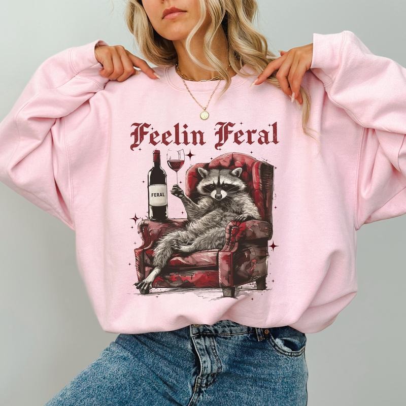 Feelin Feral Raccoon Halloween Sweatshirt, Funny Raccoon Crewneck, Retro Trash Panda Sweatshirt, Sarcastic Adult Humor...