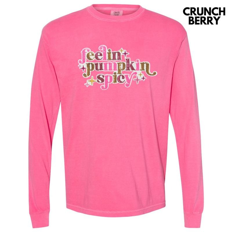 Feelin Pumpkin Spicy Sequin Patch Long Sleeve Comfort Colors T-Shirt Hoodie, Sweatshirt | HypeCrazeTee.com