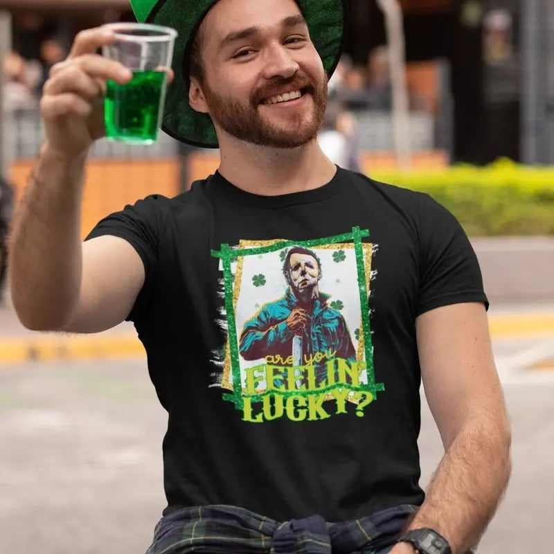 Feeling Lucky Horror Villains Shirt, Spooky St. Patrick's Day Halloween Mashup, Irish Horror Tee, Fall and Halloween...