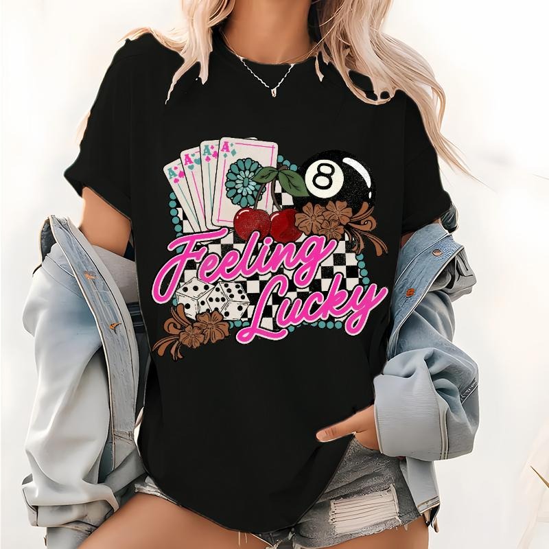 Feeling Lucky Print T Shirt, Retro Desert Shirt Vegas Girls Trip Boho Hippie Clothes Western Lucky Cowgirl Cowboy Pattern...
