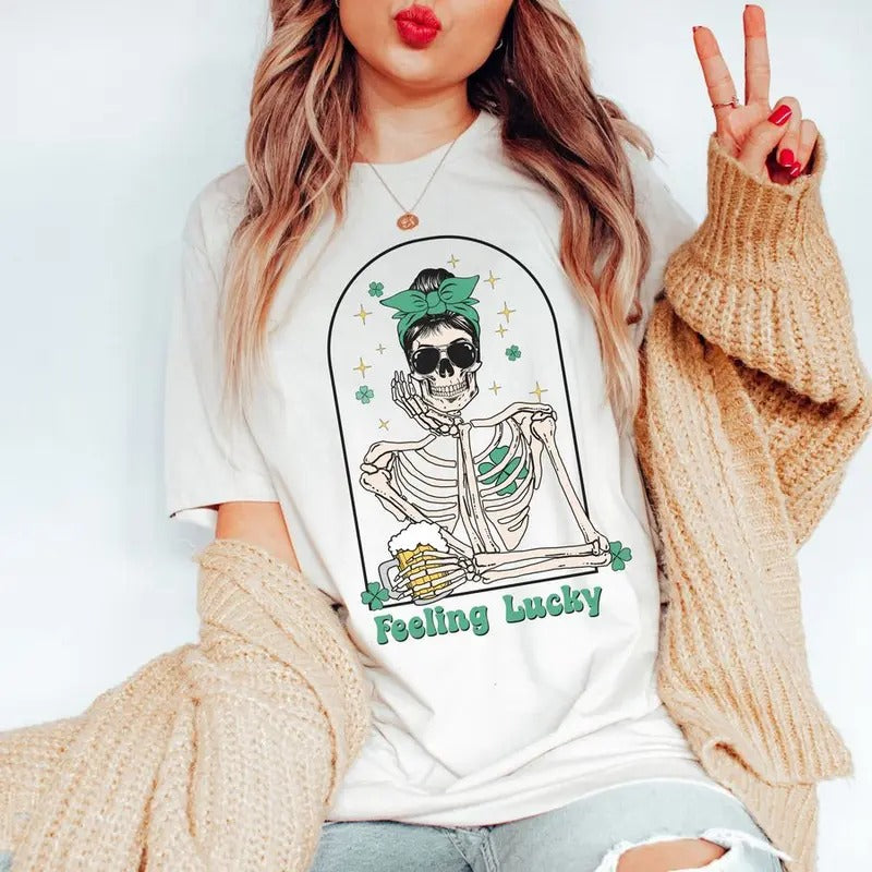 Feeling Lucky St Patrick's Day Shirt, St. Patrick's Skeleton Shirt, Day Drinking Shirt, Funny St. Patrick's Day Shirt,...
