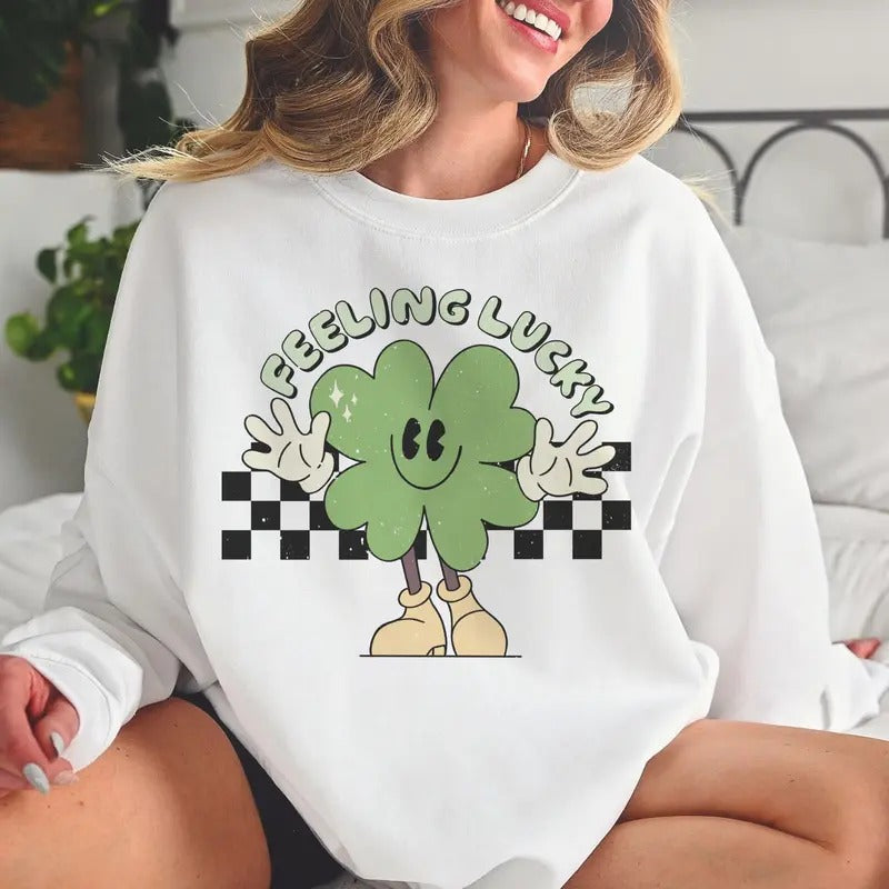 Feeling Lucky St Patricks Day Sweatshirt Lucky Clover Pullover Feeling Lucky Shamrock Hoodie Womens St. Pattys Sweatshirt...