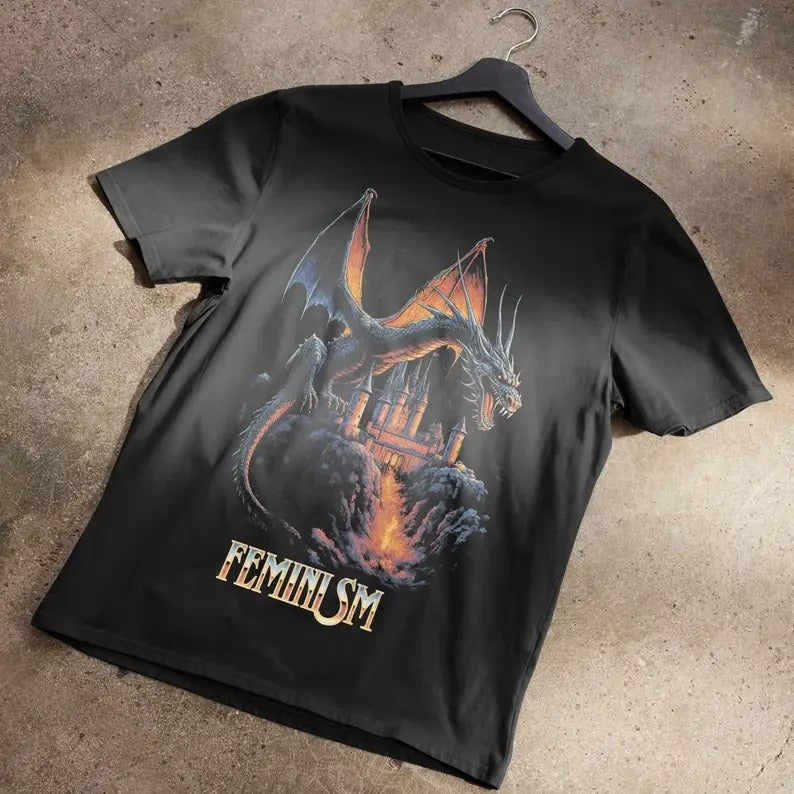 Feminism Dragon Graphic Shirt, Gothic Fantasy Dragon Castle Shirt, Feminist Dark Fantasy Tee, Retro Feminism Graphic,...