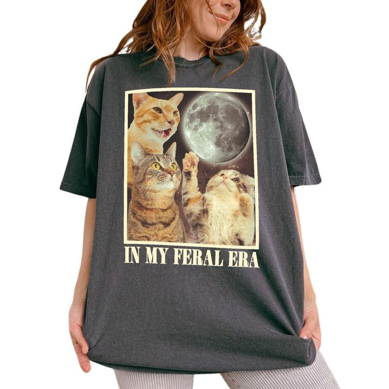 Feral Cat Shirt, In My Feral Era Tee, Three Cats Retro Moon Graphic Shirt, Vintage Cat Moon Tshirt, Cat Lovers, Funny Cat...