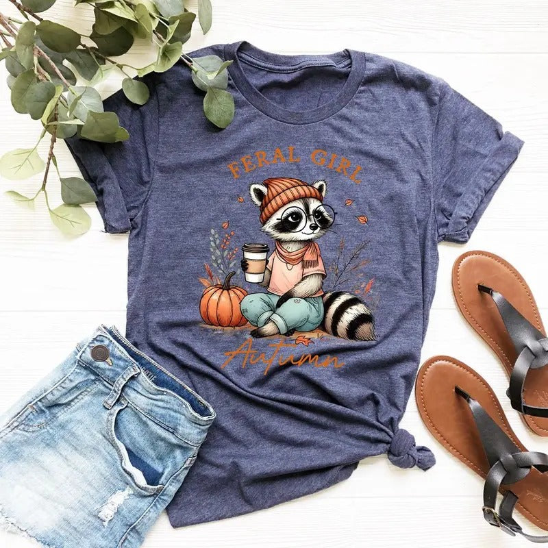 Feral Girl Autumn Shirt, Meme Funny Raccoon Shirt, Fall shirts, Gift for Her, Retro Raccoon Shirt, Animal Lover Gift,...
