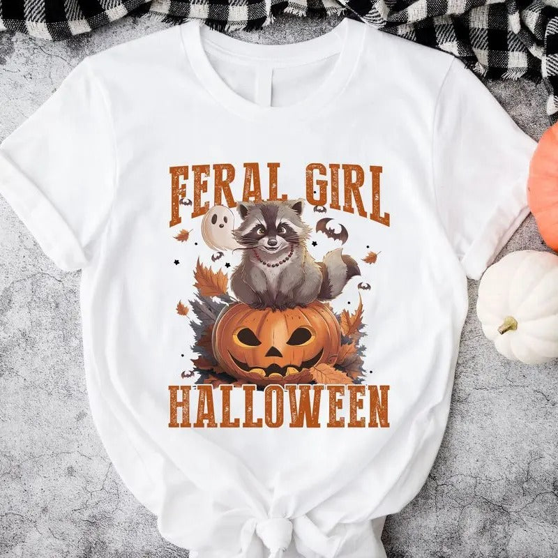 Feral Girl Halloween Shirt, Trick Or Trashy Halloween Shirt, Raccoon With Pumpkin Halloween T-shirt, Halloween Ghost Tee,...