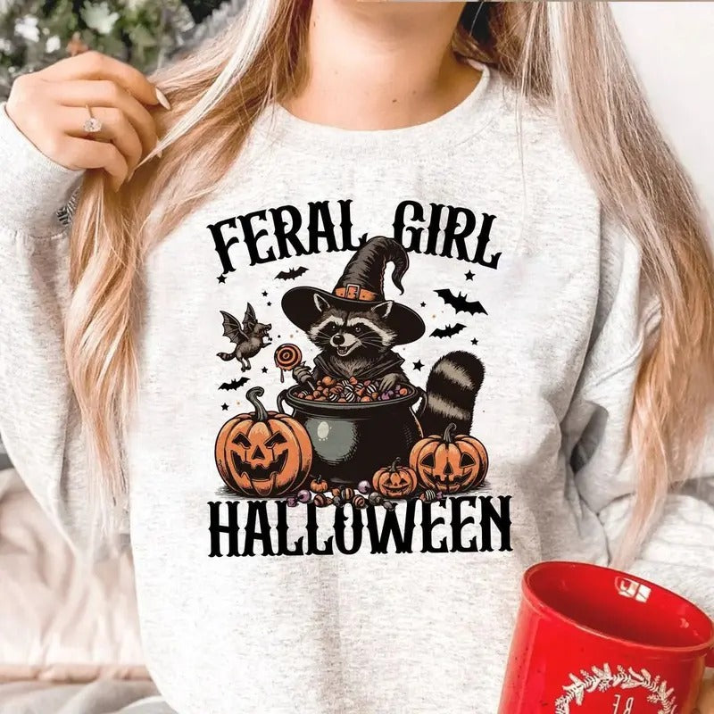 Feral Girl Halloween Sweatshirt, Feral Girl Sublimation Feral Girl Sweater Halloween, Feral, Racoon, Racoon Sublimation...
