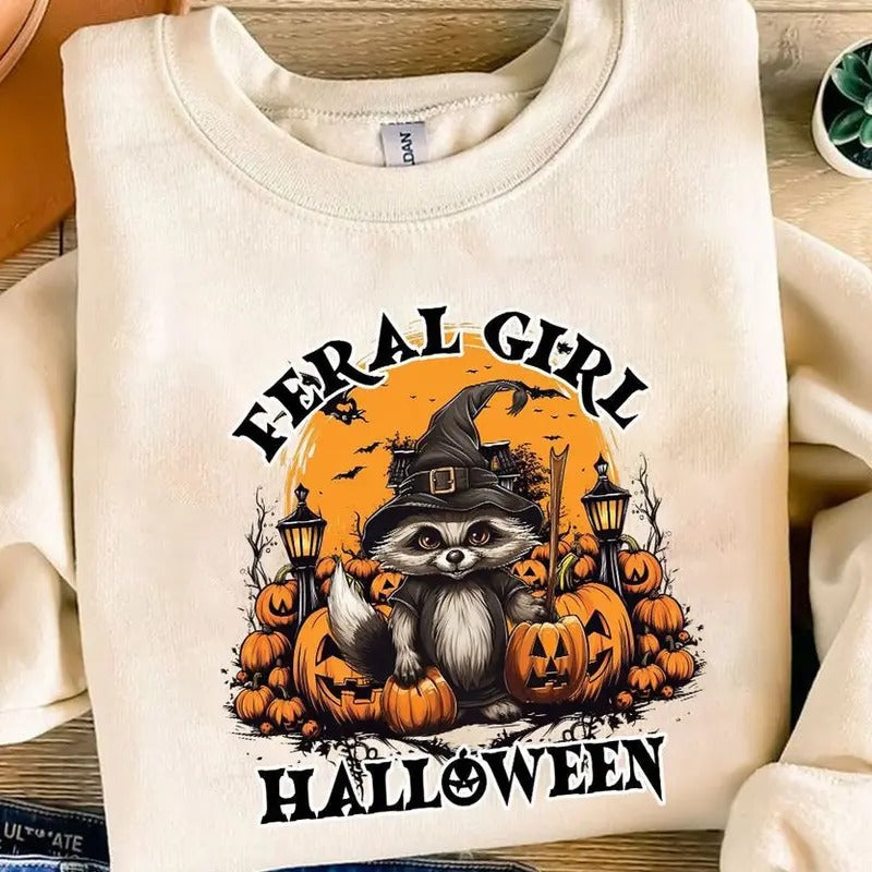 Feral Girl Halloween Tee: Funny Raccoon Shirt for a Spooky yet Hilarious Look! Comfort Cotton Hoodie, Sweatshirt